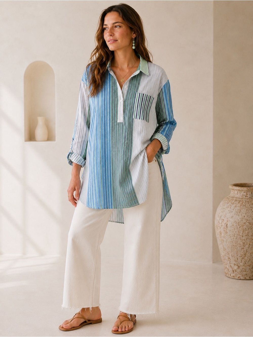 Maeve By Anthropologie Vertical Stripe Quarter Button Split Hem Flowy Tunic Top